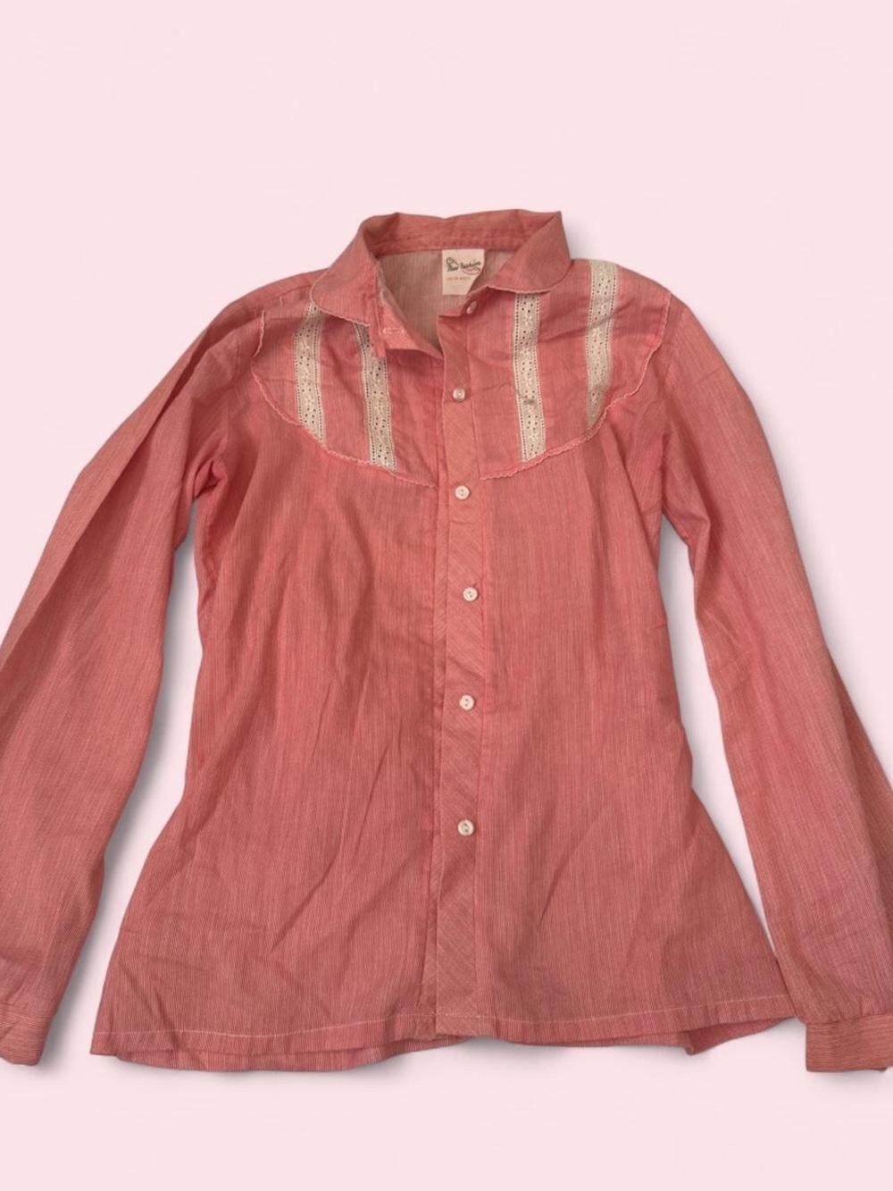 Vintage-Inspired Pink Button-Up Blouse with Lace Yoke